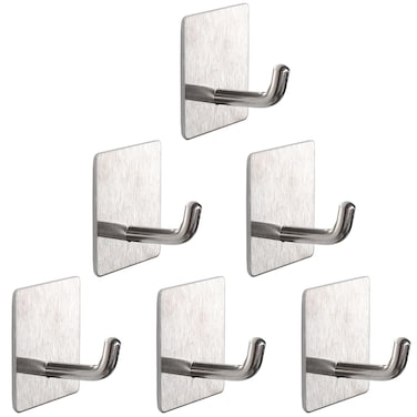 Vanloory Bath Towel Hooks - 6 Pack Strong Self Adhesive Coat/Clothes Hooks, No Drilling Sticky Hooks, Heavy Duty 304 Stainless Steel Shower Wall Hook for Bathroom Kitchen Bedroom(Brushed Nickel)