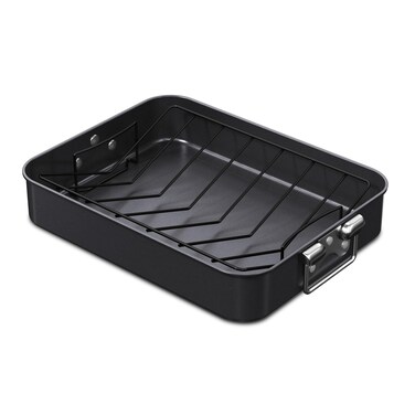 CHEFMADE Turkey Roasting Pan with V Rack, 16 Inch Deep Roasting Pan, Deep Lasagna Pan for BBQ Vegetbale and Meat 16" x 12.8" x 3" (Black)