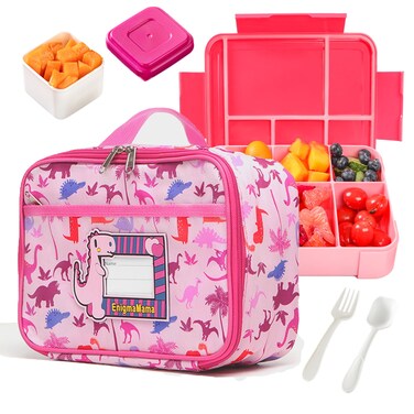 EnigmaMama Kids Lunch Bag Set for Girl Dinosaur Lunch Bag with Name Tag &amp; 6-Compartment Lunch Bento Box Insulated Lunch Tote (Pink bag+box