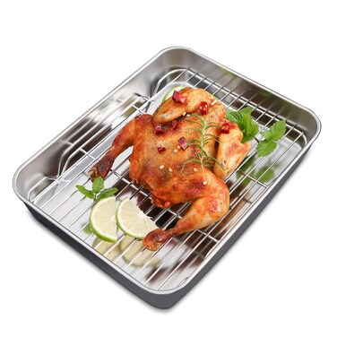 Roasting Pan with Rack, Stainless Steel Turkey Roasting Pan, Non Stick Roasting Pan and Rack Set, Easy Clean Rectangular Deep Dish Oven-BBQ Bakeware for Baking Cooking (9.3 * 6.9 * 2.0Inch)