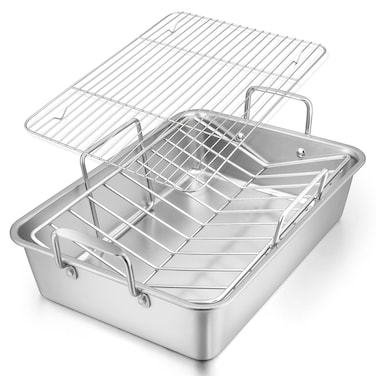 Roasting Pan, E-far 16 x 11.5 Inch Stainless steel Turkey Roaster with Rack - Deep Broiling Pan &amp; V-shaped Rack &amp; Flat Rack, Non-toxic &amp; Heavy Duty, Easy Clean &amp; Dishwasher Safe - Large