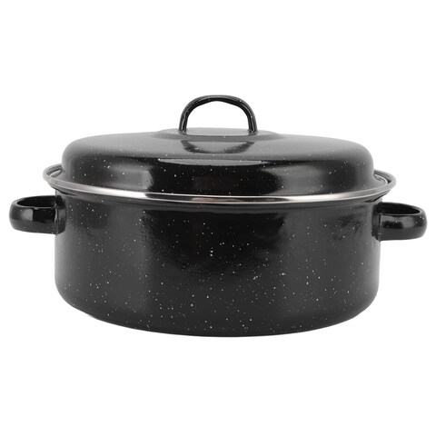 Roasting Pan, Black Speckled Roasting Pan with Domed Lid, Small Enameled Turkey Roaster Pot, Non Stick Pan Great for Roasted Sweet Potatoes Chestnuts Chicken Ham(26cm)