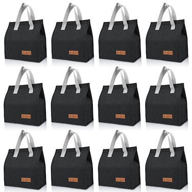 VZZNN 12 Pack Lunch Bags Bulk,Insulated Reusable Lunch Bags with Aluminum for Women Men,Leakproof Tote Large Lunch Box for Office,Work,Beach or Travel,Black