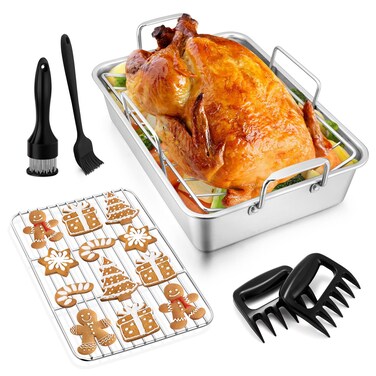 Roasting Pan with Rack for Turkey Chicken (7 Pcs), Joyfair Stainless Steel Roaster Pan Set, Deep Rectangular Lasagna Bakeware &amp; Cooling Flat Rack/V-rack, Heavy Duty &amp; Dishwasher Safe (Small)
