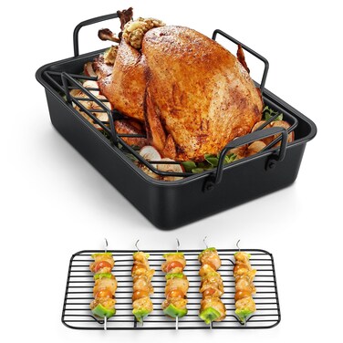 TeamFar Roasting Pan, 14inch Coated Turkey Roaster Lasagna Pan with V-Shaped Rack &amp; Flat Rack, Non-Stick Coating &amp; Stainless Steel Core, Healthy &amp; Heavy Duty, Deep Sides &amp; Easy to Clean, Set of 3