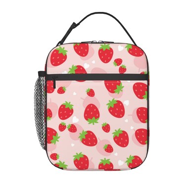 Gbuzozie Red Strawberry Lunch Bag Insulated Portable Reusable Lunch Box With Zipper For Picnic Work Office Travel School