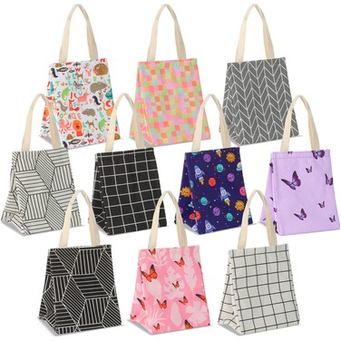 Berlune Insulated Lunch Bag Bulk 8.3 x 6.7 x 10.24 Inch Reusable Lunch Bag Portable Lunch Tote with Aluminum Foil Thermal Lunch Cooler for Kids Women Men Office School Picnic, 10 Styles(10 Pcs)