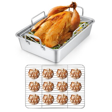 15.3 Inch Roasting Pan with V-shaped Rack &amp; Flat Cooling Rack Set, Herogo Stainless Steel Turkey Roaster Pan for Thanksgiving Christmas, Dishwasher Safe