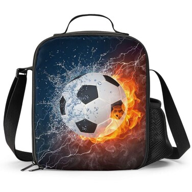 PrelerDIY Football Lunch Box - Insulated Lunch Box for Kids Soccer Design with Side Pocket &amp; Shoulder Strap Lunch Bag, Perfect for School/Camping/Hiking/Picnic/Beach/Travel