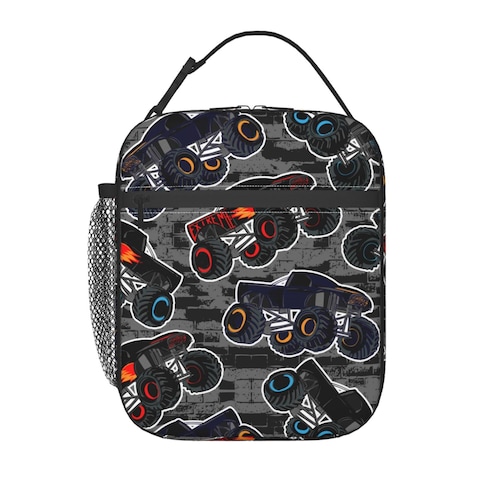 Gbuzozie Monster Trucks Cars Black Lunch Bag Insulated Portable Reusable Lunch Box With Zipper For Women Men Picnic Beach