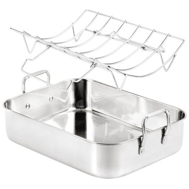 QPMR 16.5inch Roasting Pan with V-Shape Rack - Stainless Steel Large Turkey Roaster Pan for Turkey, Chicken, Ham Roaster with V-Shaped Baking Rack Heavy Duty Dishwasher Safe, Hold up to 22LB