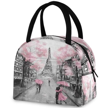 ZzWwR Stylish Romantic Paris Eiffel Tower Reusable Lunch Tote Bag with Front Pocket Zipper Closure Insulated Cooler Container Bag for Man Women Work Picnic Travel Beach Fishing