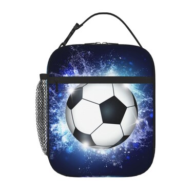 YIJIUWKIS Sports Lunch Box with Soccer Pattern Print, Blue Insulated Lunch Bag for Kids Teens Boys Girls, Reusable Lunch Bag Ice Packs Containers Tote Handbag with Water Bottle Holder and Handle