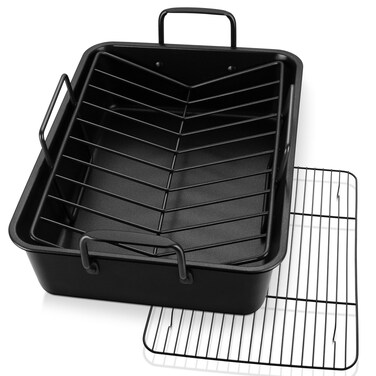 Large Roasting Pan with Rack Set of 3, P&amp;P CHEF 16" Turkey Roaster Pan &amp; V-shape Baking Rack &amp; Cooling Rack for Chicken Rib Lasagna Cookie, Nonstick Coating &amp; Stainless Steel Core, Sturdy &amp; Healthy