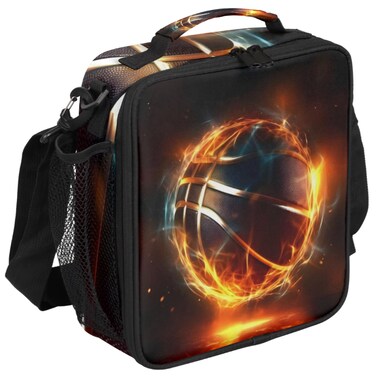 Flame Basketball Insulated Lunch Bag Artistic Basketball Kids Lunch Box Reusable Leakproof Lunch Bag for Girls Boys Cooler Tote Bag with Adjustable Shoulder Strap for School Picnic Work Travel Outdoor