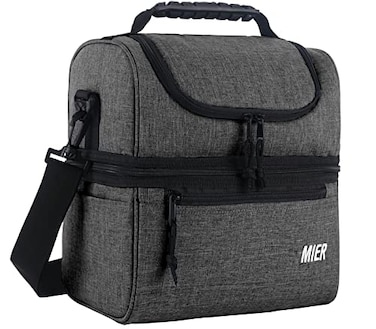 MIER 2 Compartment Lunch Bag for Men Women, Leakproof Insulated Cooler Bag for Work, Grey, Medium
