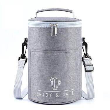 YIKANGHENG 5.4L Thickened Cylinder Gray Reusable Insulated Lunch Bag with Shoulder Strap for Women and Men Travel Picnic, Vacuum Cup and Lunch Box (gray)