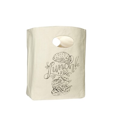 Organic Cotton Canvas Lunch Bag - Reusable &amp; Machine Washable Lunch Tote - Organic Snack Tote - Unisex Lunch Bag for Men, Women &amp; Kids - Easy to Clean (White with Black Print)