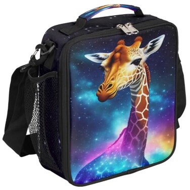 Galaxy Rainbow Giraffe Insulated Lunch Bag for Girls Boys Teen Cute Colorful Reusable Lunch Box with Shoulder Strap Freezable Thermal Cooler Bag Meal Prep for School Travel Picnic Beach Lunch Pail