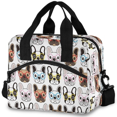 Oarencol Cute Animal Dog French Bulldog Glasses Insulated Lunch Tote Bag Reusable Cooler Lunch Box with Shoulder Strap for Work Picnic School Beach