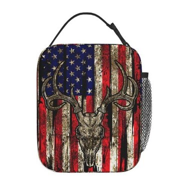 YETTA YANG Dirty Hunting Camo Camouflage American Flag Green Black Deer Skull Portable Lunch Bag Insulated Lunch Box Reusable Totes For Women Men Work Picnic Camping