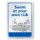 SmartSign 14 x 10 inch &acirc;&euro;&oelig;Swim At Your Own Risk&acirc;&euro; Metal Sign with Funny Graphic, 40 mil Laminated Aluminum, Blue, Black and White