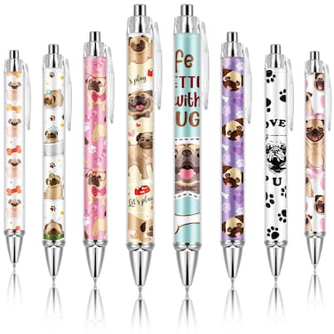 Ireer 8 Pcs Ballpoint Pens for Women 1.00 mm Cute Writing Pens Black Ink Fancy Pens Fine Point Smooth Writing Pens for Journaling, Aesthetic Office Supplies(Pug)
