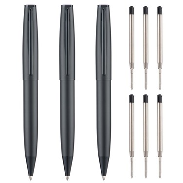 Wikult 3PCS Matte Black Ballpoint Pens with Extra Refills Set, 1mm Medium Point Black Ink, Smooth Writing Metal Pen for Business Office Teacher Student Wedding Guest Gift