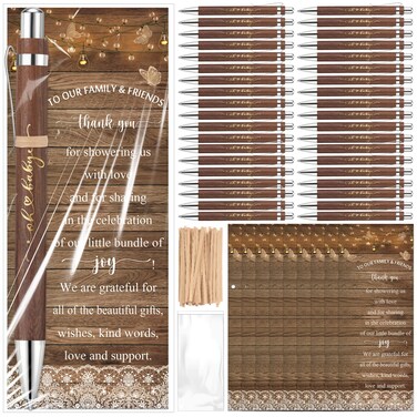 Spakon 50 Sets Rustic Baby Shower Pens for Guests Return Gifts Include 50 Walnut Bamboo Ballpoint Pens 50 Thank You Bookmarks Baby Shower Game Prizes Souvenirs Thank You Gifts Gender Reveal Party