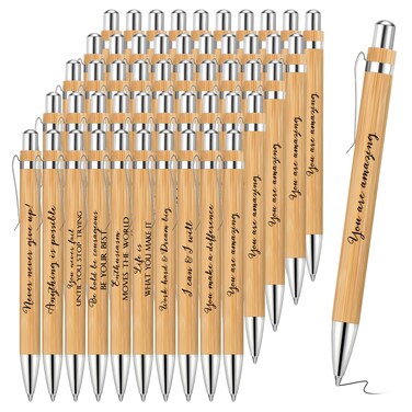 Fulmoon 50 Pcs Employee Appreciation Gifts Inspirational Bamboo Pens Bulk Motivational Wooden Pen Black Ink Ballpoint Pen for Team Coworker Volunteers Teacher Thank You Gifts Office School Supplies