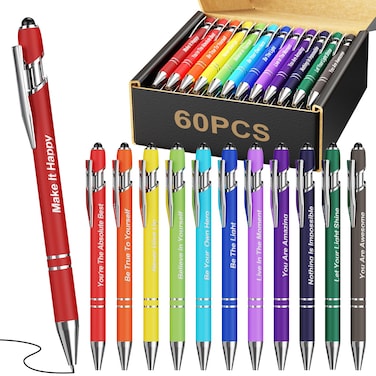 Faswyong 60 Pcs Inspirational Pens Bulk, Motivational Ballpoint Pen with Stylus Tips, Positive Sayings Ink Pens for Writing, Thank You Gifts for Men Women School Office, Black Ink