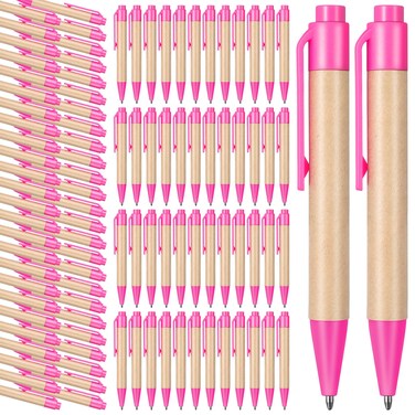 Sabary 100 Pack Ballpoint Pen Retractable Ballpoint Pen 5.5, 3.93 Inches Black Ink Click Pens Recycled Kraft Paper Pens for Bridal Shower Office Writing Journaling Supplies(Mini,Pink)