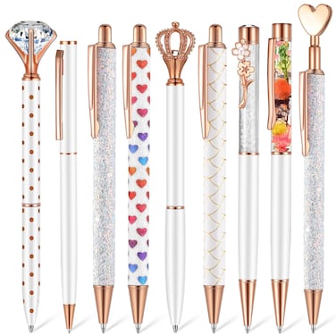 Janmini 9 Pcs Ballpoint Pens Set Metal Crystal Diamond Pen Glitter Pen for Journaling Black Ink Pretty Cute Pen Fancy Pens Gifts for Women Girls Galentines Valentines Birthday Office(White)