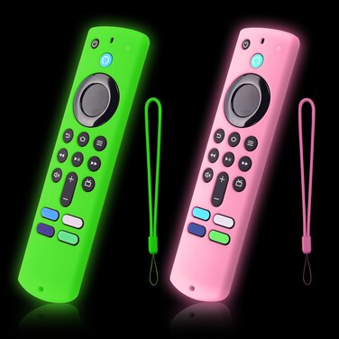 2 Packs Glow Remote Cover Compatible with Lenovo FireTV Stick, HD, 3rd Gen., 4K Remote Controls, Anti-Slip Silicone Case with Lanyard, Glow in The Dark, Glow Green &amp; Glow Pink