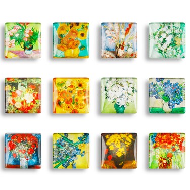 Square Fridge Magnet Crystal Glass Van Gogh Oil Painting Refrigerator Magnets,Cute Kitchen Magnets for Office Whiteboard, Cabinet, Dishwasher, Locker&iuml;&frac14;&circ;12Pcs&iuml;&frac14;&permil;
