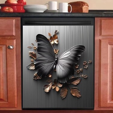 Generic Stainless Steel Flower Butterfly Dishwasher Magnet Decorative Cover, Silver Stainless Steel Design Refrigerator Panel Decal, Vinyl Magnet Appliance Sticker 23x26 Inch Magnetic