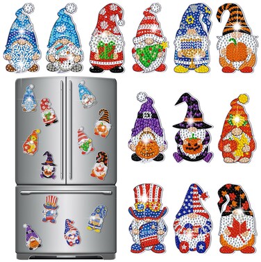 Frienda 12 Pcs Refrigerator Diamond Painting Magnets Diamond Art Magnets Diamond Painting Magnets Easy Diamond Art Kits Fridge Diamond Stickers for Adults DIY Home Decors Cabinet(Gnome)