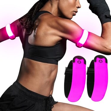 Visiklit Running Lights for Runners, Reflective LED Arm Bands Rechargeable (2 pack) Adjustable Wristband Night Safe Walking Light, High Visibility Running Gear for Joggers Bikers Walkers-Pink