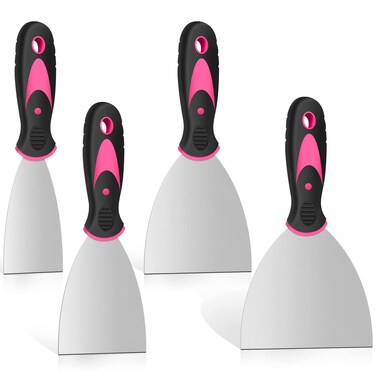 DEKEones Putty Knife Set, 4 Pack(1.5, 3, 4, 5 in) Stainless Steel Paint Scraper with Plastic Handle, Filling Spackle Knife for Cleaning, Decorating, DIY, Removing (Pink)