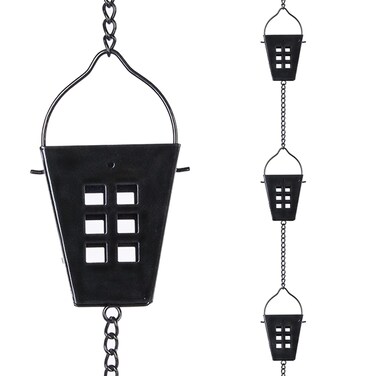 Qipade Square Rain Chain, 10 Ft Black Rain Gutter Chains with 12 Cups, Adjustable Rain Catcher Chain with Bell for Eaves Drainage, Outdoor Replacement Downspout for Gutters