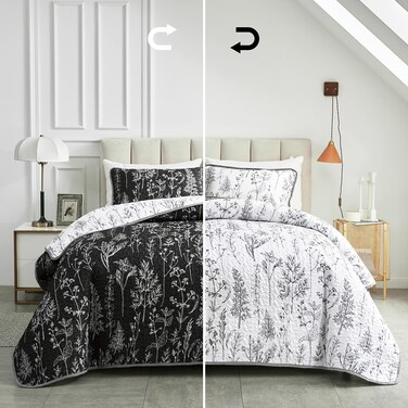 Joyreap 3 Pieces Quilt Set Full/Queen, Black n White Rversible Botanical Design, Smooth Soft Microfiber Quilt, Bedspread Bed Cover for All Season, 1 Quilt and 2 Pillow Shams- 90x90 inches