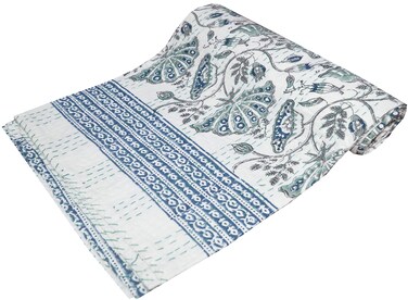V Vedant Designs Indian Handmade Kantha Quilt New Beautiful Floral Print Kantha Bed Cover Kantha Throw Twin Cotton Blanket Gudari (White)