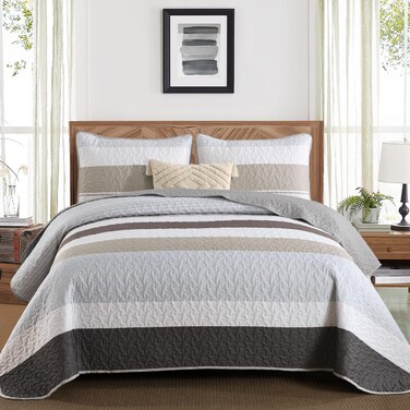Dinjoy Grey Boho Quilt Set Queen Size,Spring Gray Bedding Sets Striped Patchwork Brown Bedspread Lightweight Micofiber Farmhouse Coverlet Bed with 2 Pillowshams for Men All Seasons