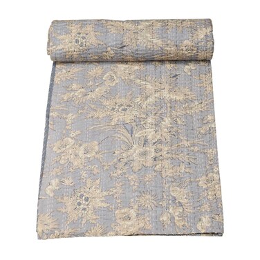 Marubhumi Quilts Indian Handmade Indian Traditional Blankets, Reversible, Floral Print Kantha Quilt, Comforter, Grey - Twin 60 x 90 Inches