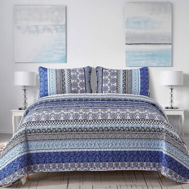 WONGS BEDDING Boho Quilt Set Full Size, Blue Bohemian 3 Pieces Quilt Sets, Lightweight Bedspread Coverlet Bedding Set for All Season (78"x90")