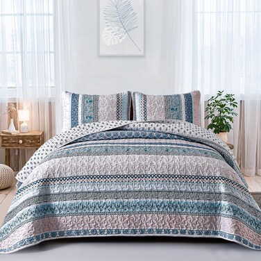 WONGS BEDDING Boho Quilt Set Super King Size, Light Blue Bohemian 3 Pieces Quilt Sets, Lightweight Bedspread Coverlet Bedding Set for All Season (120"x114")