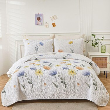 Dinjoy Floral Quilt Set King 3 Pieces Blue &amp; Yellow Quilts Coverlet Set Bohemian Summer Bedspread Lightweight Farmhouse Bed Coverlet for Spring All Season(90"x104")