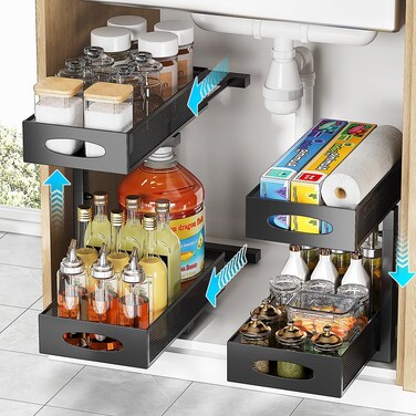 WROBTLD 2-pack under sink organizer, 2-tier under sink organizer and storage, slide-out pull-out cabinet organizer with mesh metal sliding drawer for home kitchens, bathrooms, pantries (Black)