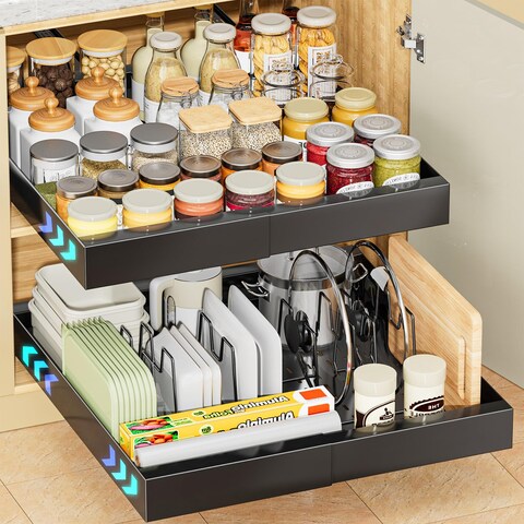 OVICAR Expandable Cabinet Organizer Drawer - Pull Out Cabinet Drawers 21&quot; Deep Adhesive Slide Out Storage Shelf with 4pcs Divider Racks for Kitchen Pantry Bathroom Home, 12.2&quot;-20.7&quot; W, Black