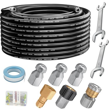 POHIR Sewer Jetter Kit 50FT for Pressure Washer 4000PSI Hydrojet Drain Cleaning Kit with Button Nose 1/4 Inch NPT Rotating Sewer Jet Nozzle Spanner Waterproof Tape Pearl Corsage Pin